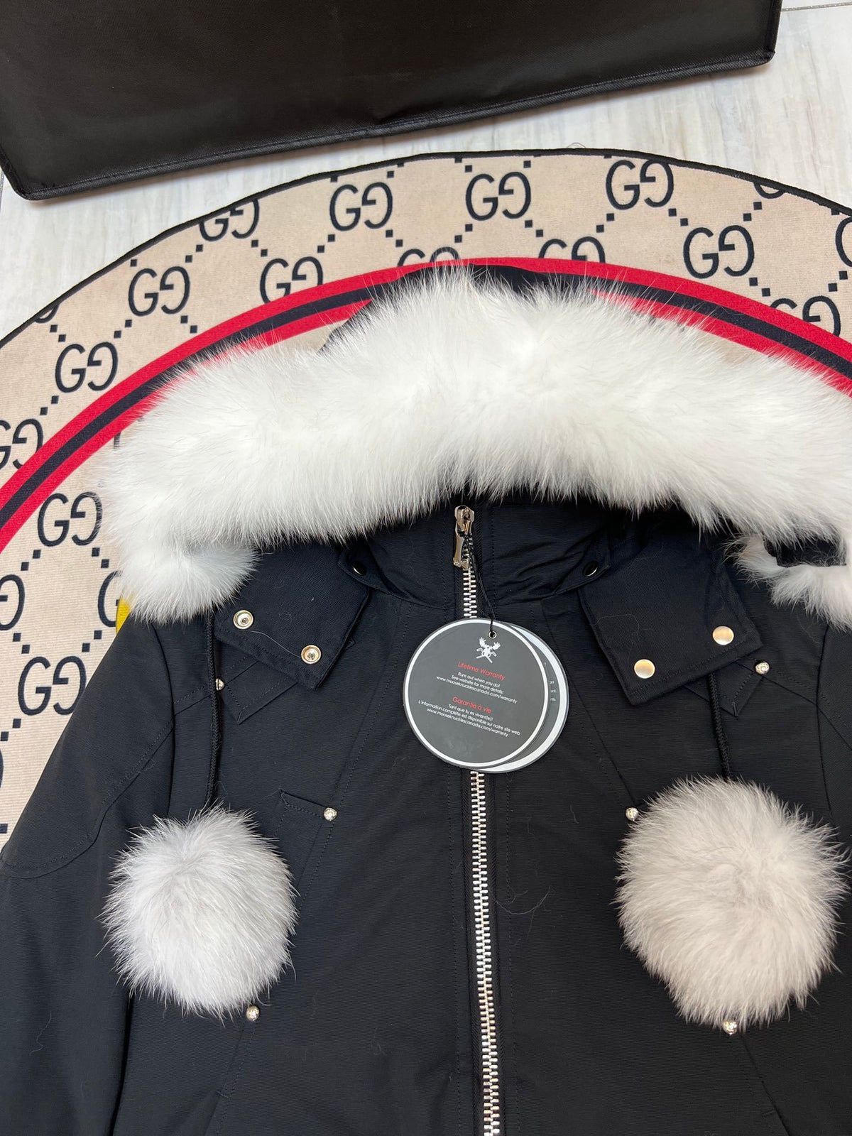 Moose Knuckles Black Pom-Pom Trimmed-Hood Cropped Bomber Jacket