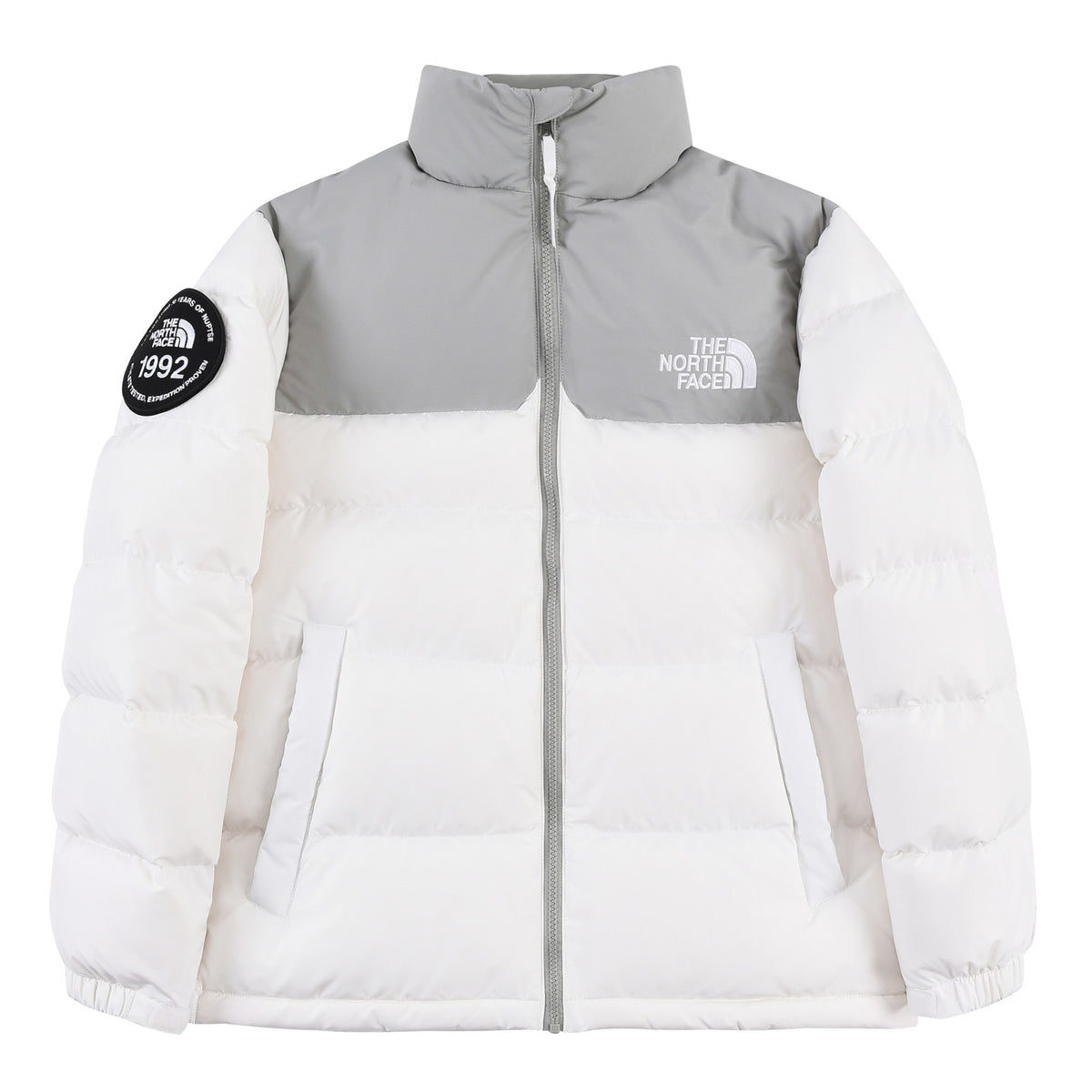 The North Face White and Light Gray Colorblock Puffer Jacket