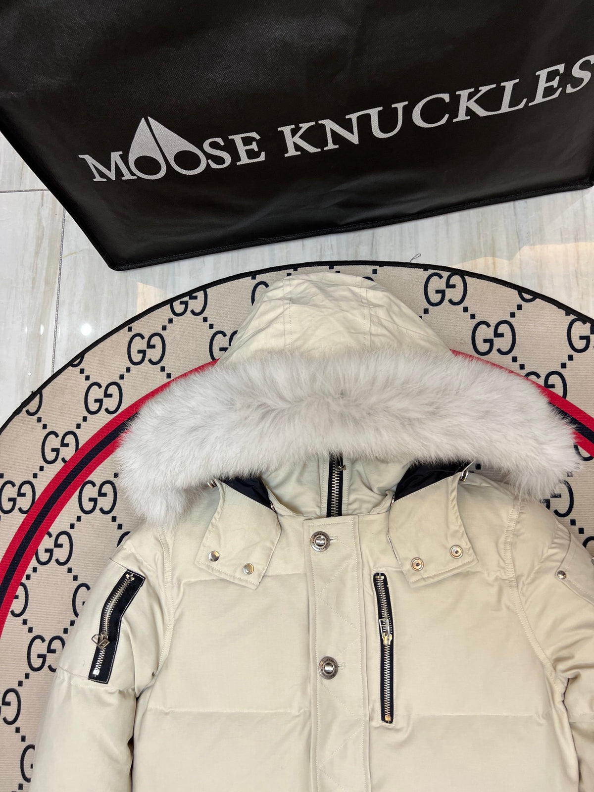 Moose Knuckles Ivory White Trimmed-Hood Puffer Jacket