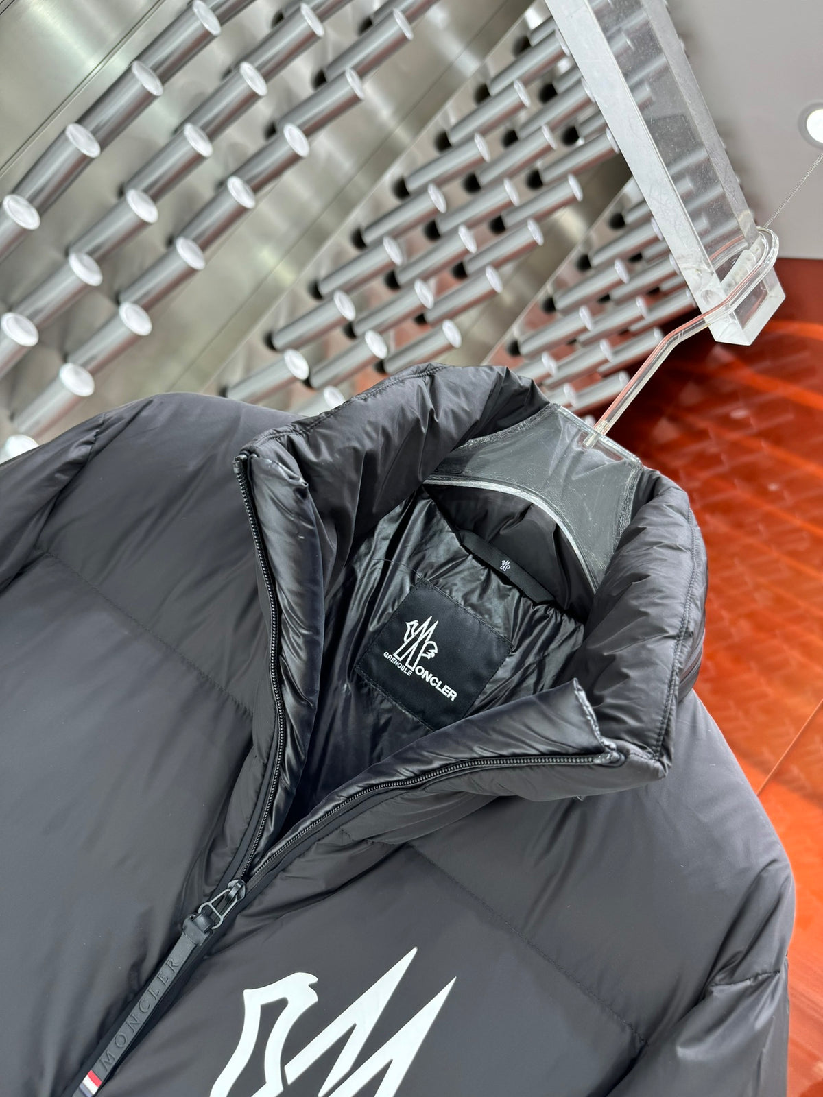 Moncler Charcoal Black Graphic-Logo Stand-Collar Puffer Jacket