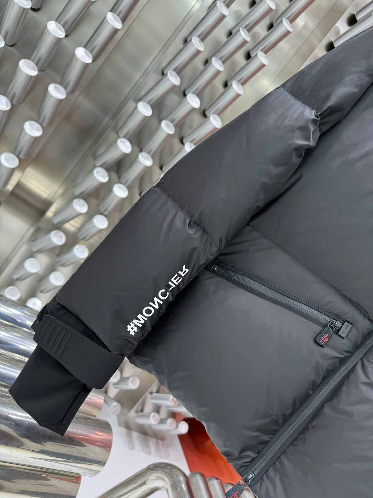 Moncler Charcoal Black Graphic-Logo Stand-Collar Puffer Jacket