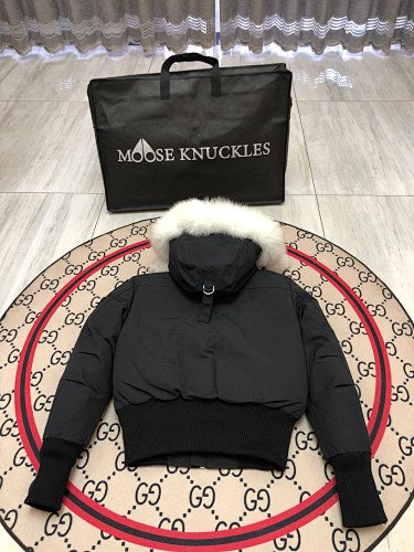 Moose Knuckles Black Pom-Pom Trimmed-Hood Cropped Bomber Jacket