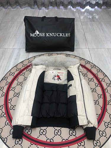Moose Knuckles Ivory White Trimmed-Hood Bomber Jacket