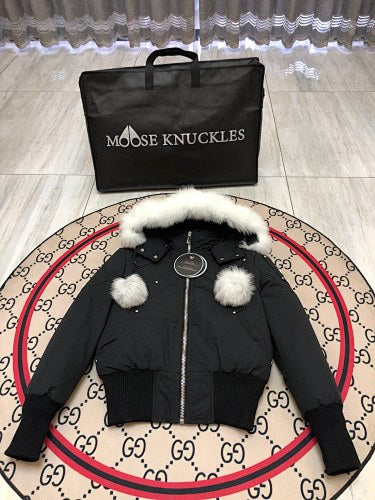 Moose Knuckles Black Pom-Pom Trimmed-Hood Cropped Bomber Jacket