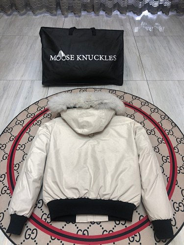 Moose Knuckles Ivory White Trimmed-Hood Bomber Jacket