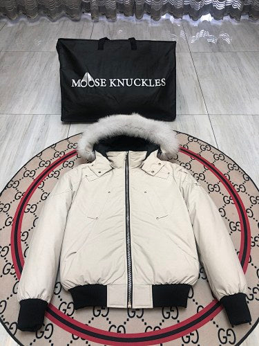 Moose Knuckles Ivory White Trimmed-Hood Bomber Jacket