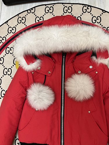 Moose Knuckles Red Pom-Pom Trimmed-Hood Cropped Bomber Jacket