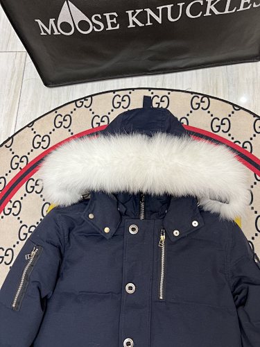 Moose Knuckles Navy Blue White-Trimmed Hooded Puffer Jacket