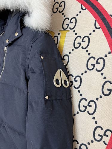 Moose Knuckles Navy Blue White-Trimmed Hooded Puffer Jacket