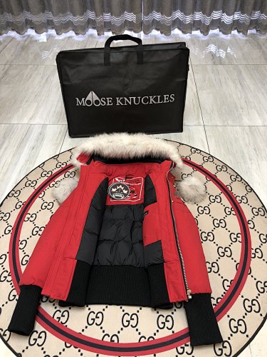 Moose Knuckles Red Pom-Pom Trimmed-Hood Cropped Bomber Jacket