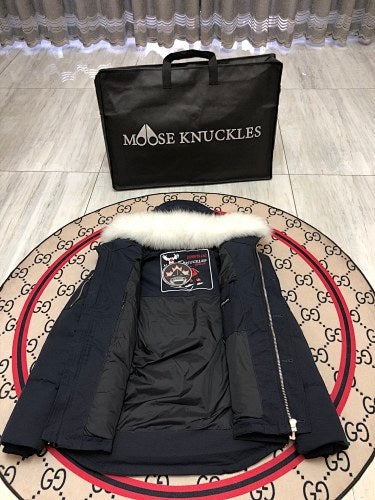 Moose Knuckles Navy Blue White-Trimmed Hooded Puffer Jacket