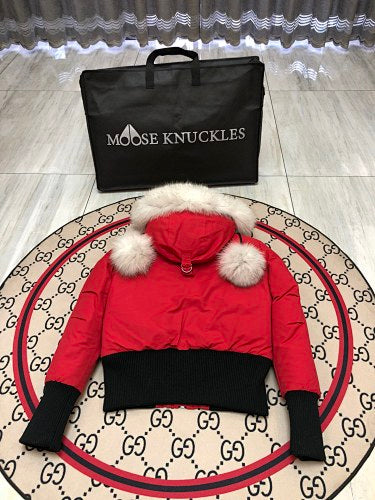 Moose Knuckles Red Pom-Pom Trimmed-Hood Cropped Bomber Jacket