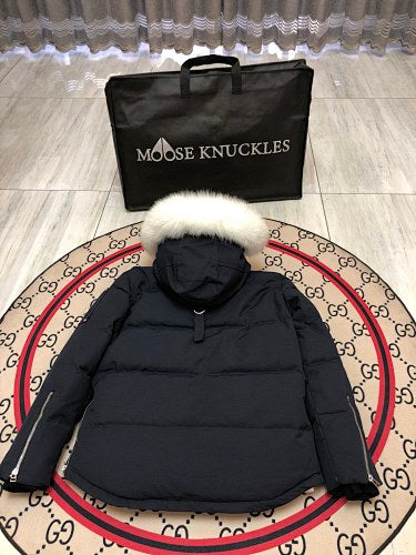 Moose Knuckles Navy Blue White-Trimmed Hooded Puffer Jacket