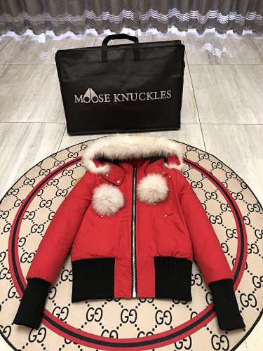 Moose Knuckles Red Pom-Pom Trimmed-Hood Cropped Bomber Jacket