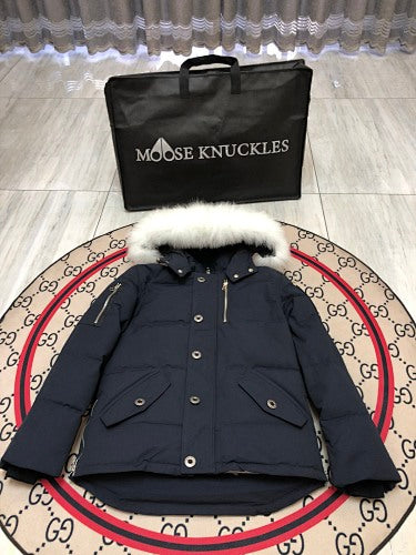 Moose Knuckles Navy Blue White-Trimmed Hooded Puffer Jacket