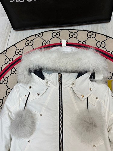 Moose Knuckles White Pom-Pom Trimmed-Hood Cropped Bomber Jacket