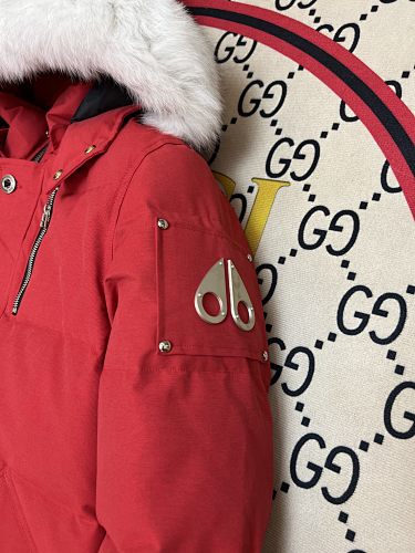Moose Knuckles Red White-Trimmed Hooded Puffer Jacket