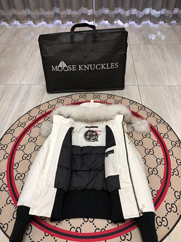 Moose Knuckles White Pom-Pom Trimmed-Hood Cropped Bomber Jacket