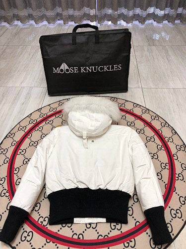 Moose Knuckles White Pom-Pom Trimmed-Hood Cropped Bomber Jacket