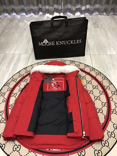 Moose Knuckles Red White-Trimmed Hooded Puffer Jacket