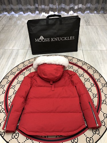 Moose Knuckles Red White-Trimmed Hooded Puffer Jacket