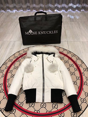 Moose Knuckles White Pom-Pom Trimmed-Hood Cropped Bomber Jacket