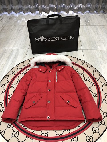 Moose Knuckles Red White-Trimmed Hooded Puffer Jacket