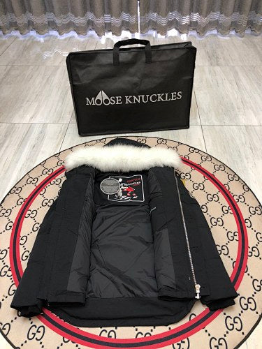 Moose Knuckles Black White-Trimmed Hooded Puffer Jacket