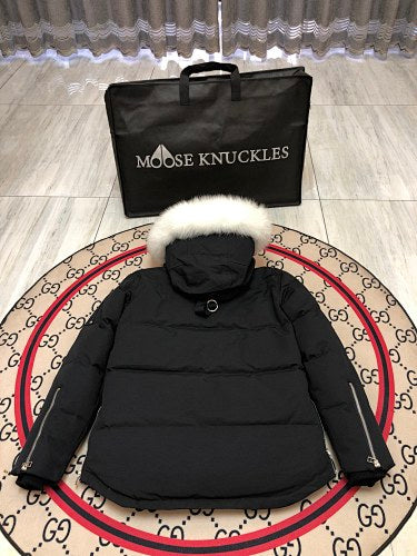Moose Knuckles Black White-Trimmed Hooded Puffer Jacket