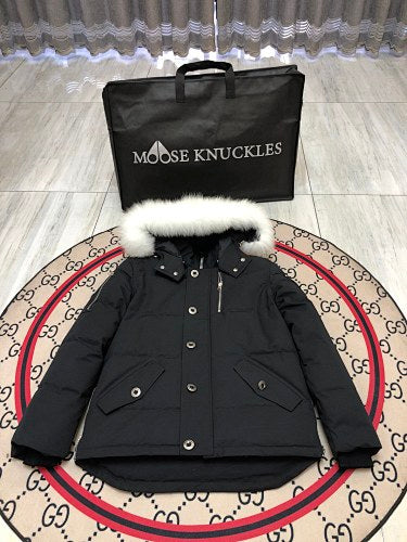 Moose Knuckles Black White-Trimmed Hooded Puffer Jacket