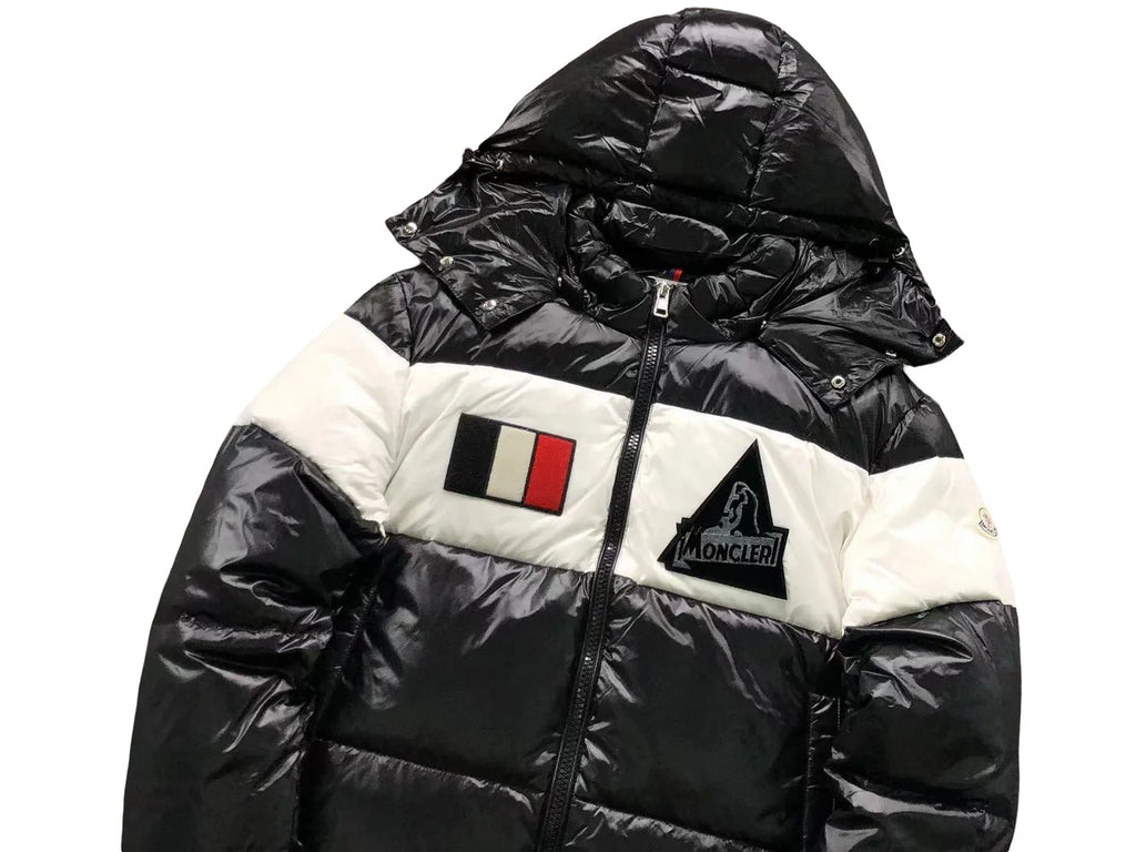 Moncler Black and White Glossy Hooded Color-Block Puffer Jacket