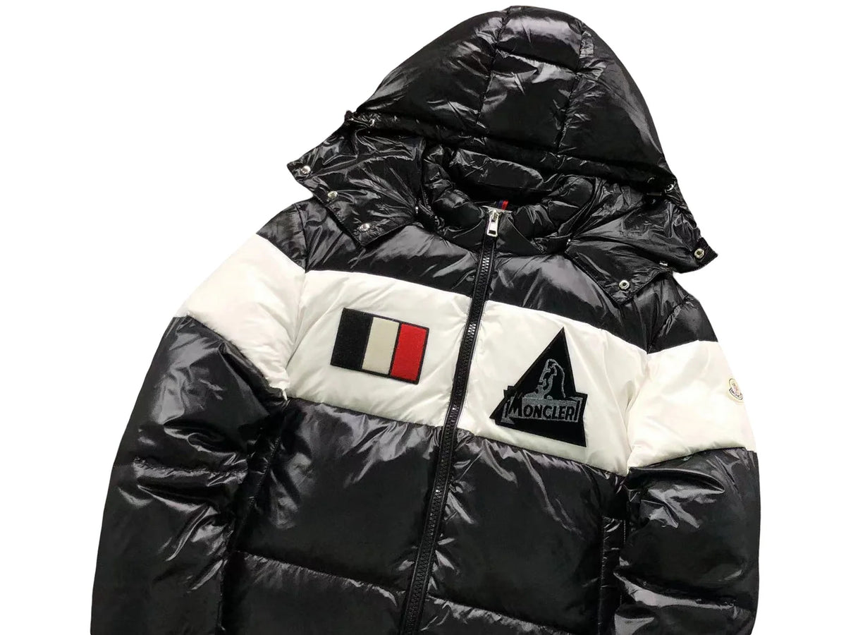 Moncler Black and White Glossy Hooded Color-Block Puffer Jacket