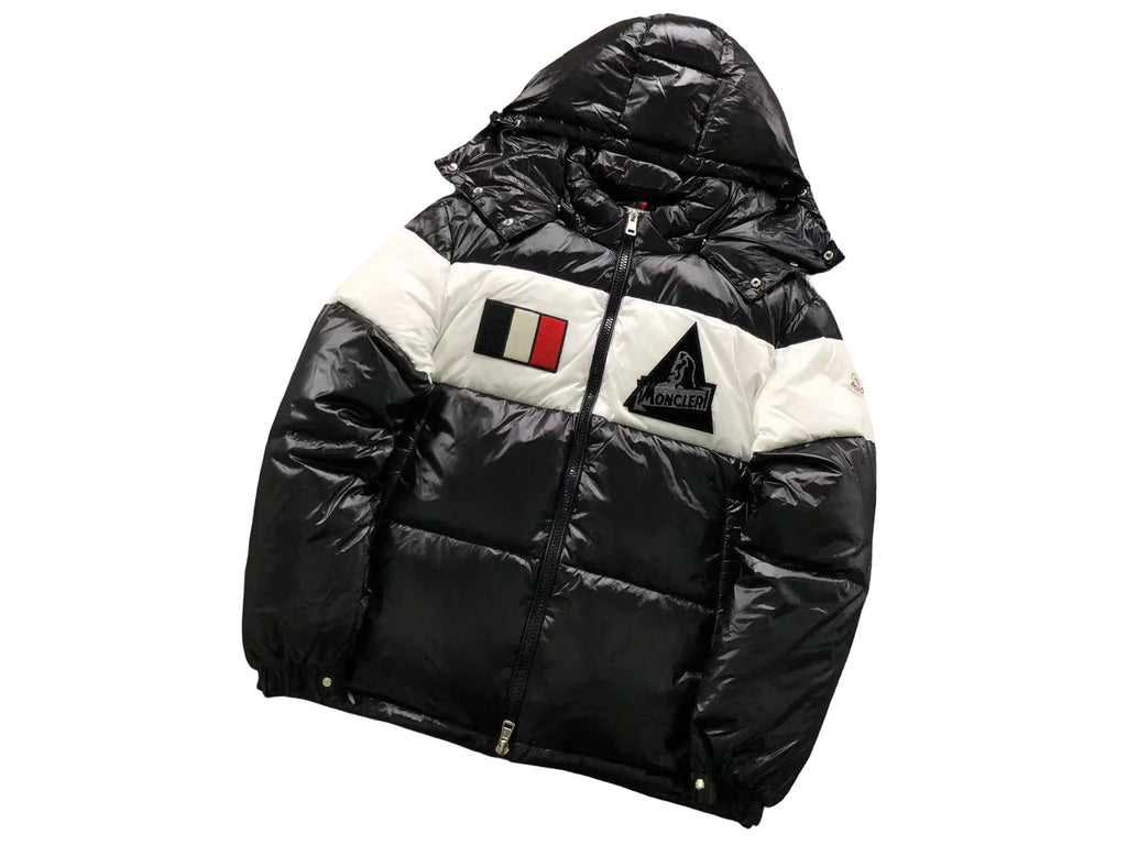 Moncler Black and White Glossy Hooded Color-Block Puffer Jacket