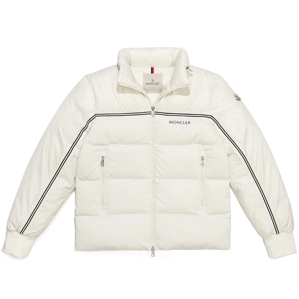 Moncler Ivory Stand-Collar Quilted Puffer Jacket with Black Trim