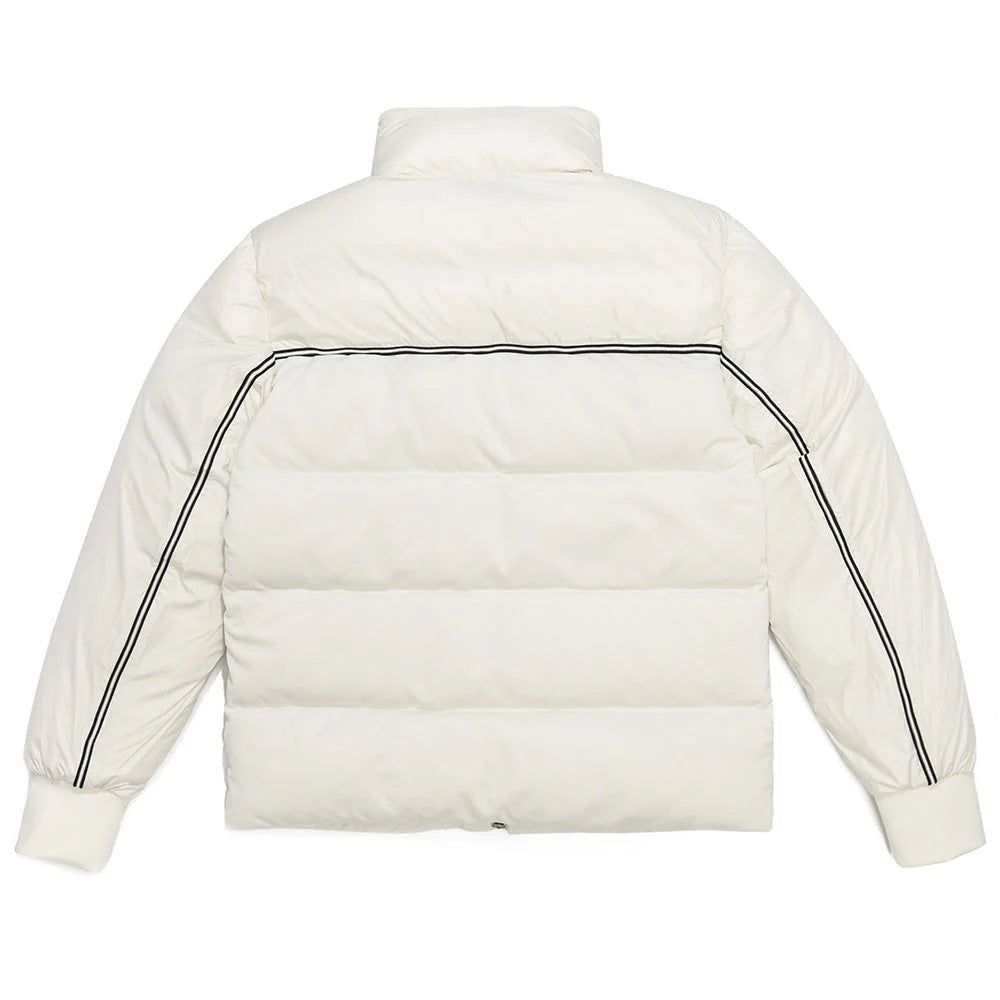 Moncler Ivory Stand-Collar Quilted Puffer Jacket with Black Trim
