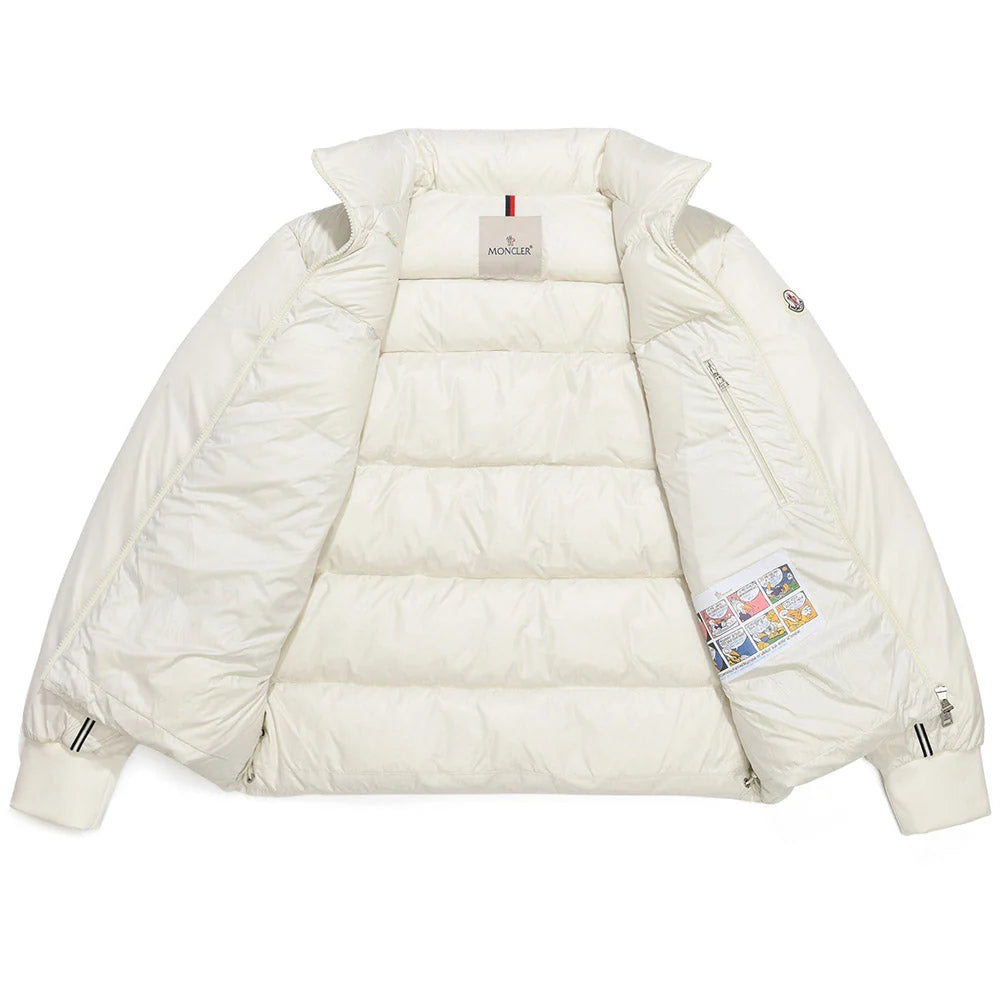 Moncler Ivory Stand-Collar Quilted Puffer Jacket with Black Trim