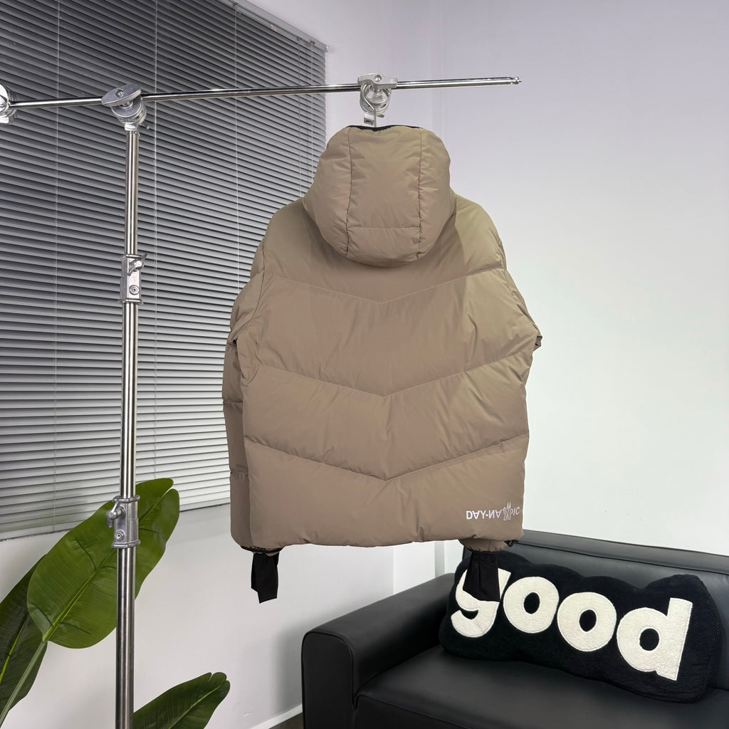 Moncler Sand Beige Graphic-Logo Hooded Puffer Jacket