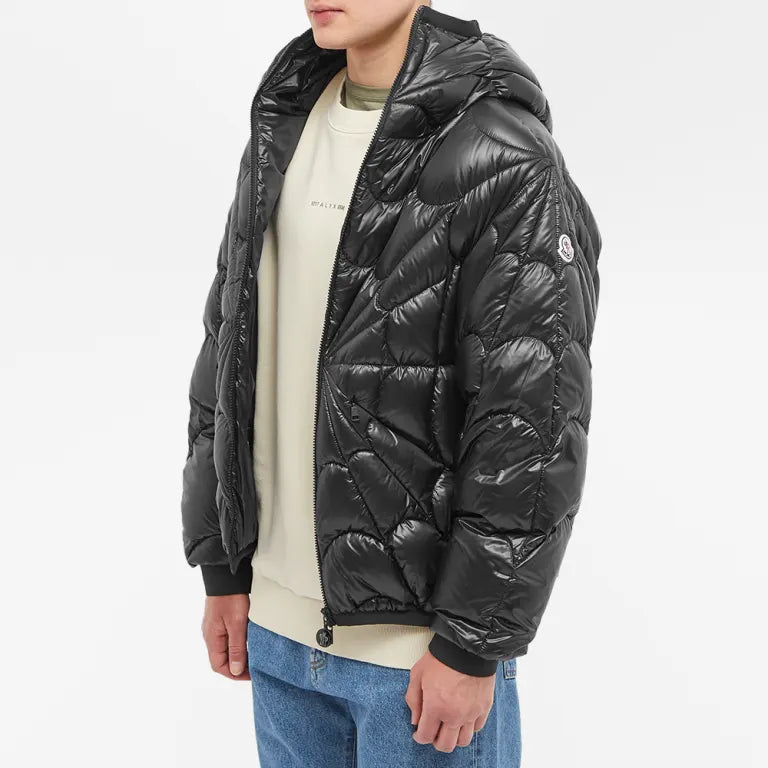 Moncler Glossy Black Radial-Quilt Hooded Puffer Jacket