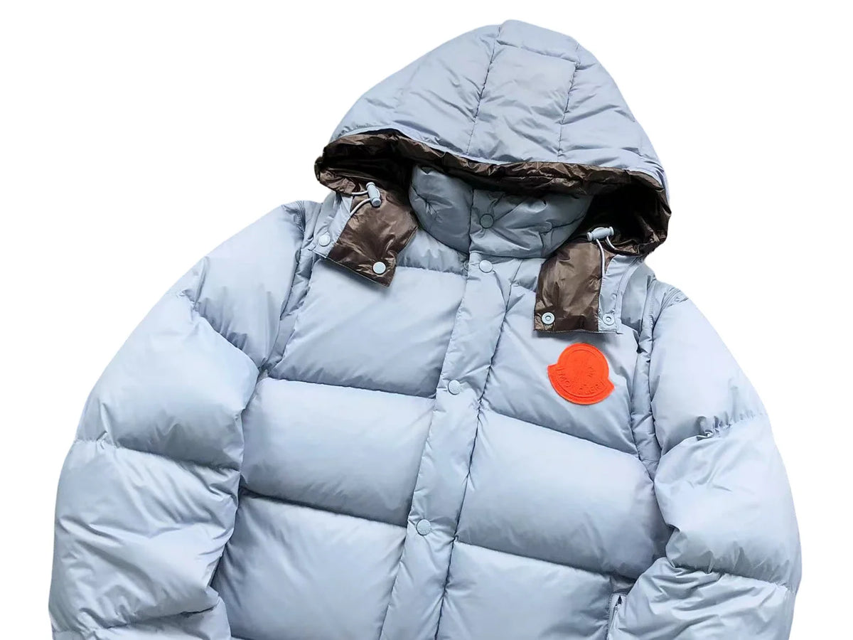 Moncler Light Blue Hooded Quilted Puffer Jacket with Orange Logo