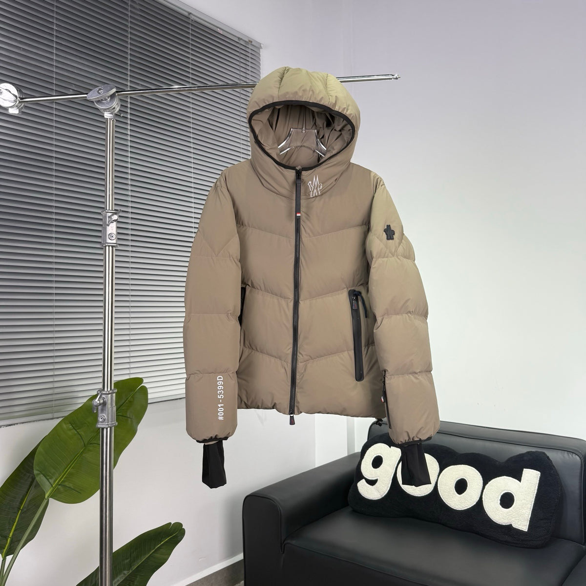 Moncler Sand Beige Graphic-Logo Hooded Puffer Jacket