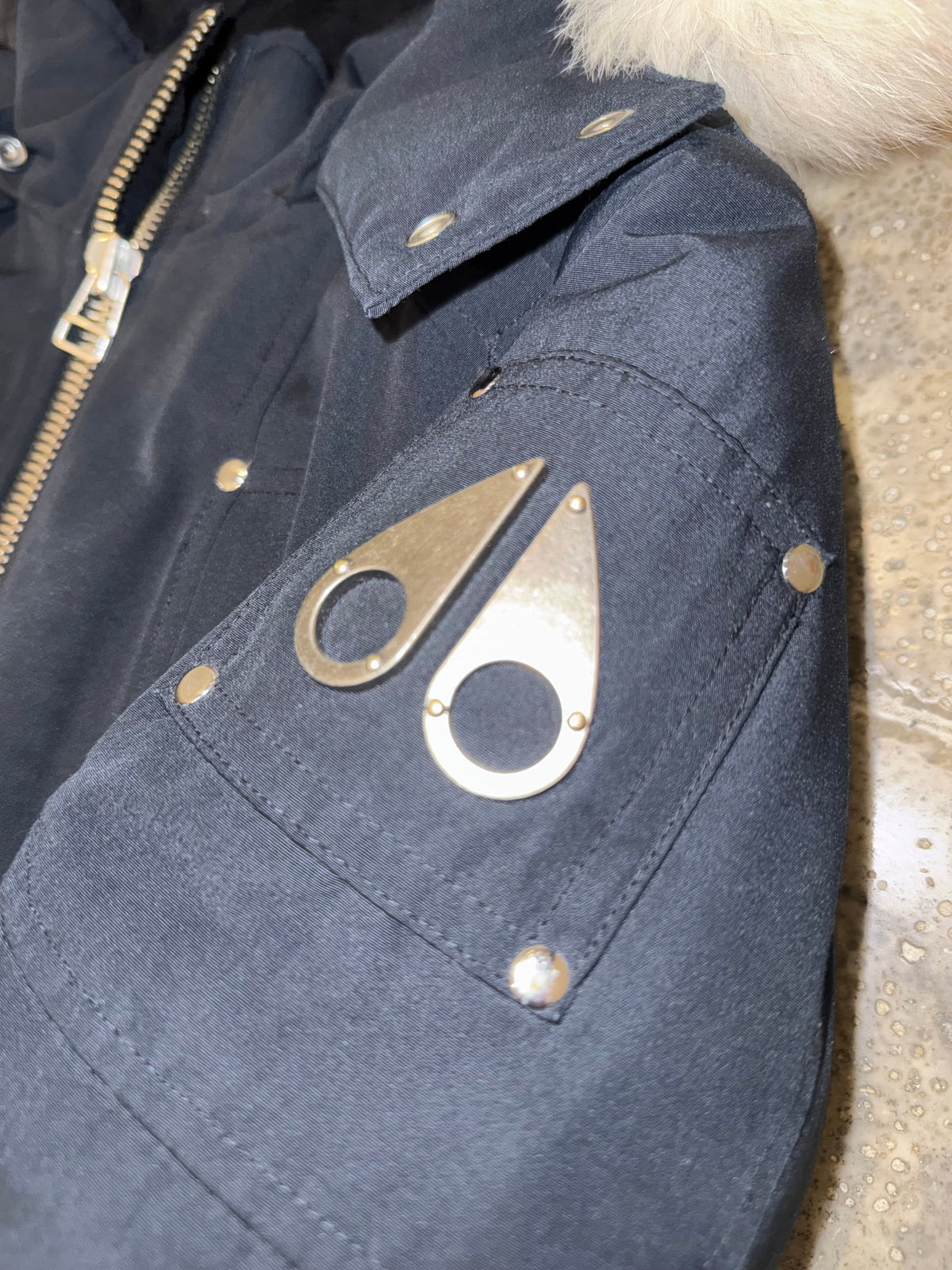 Moose Knuckles Navy Blue White-Trimmed Hooded Bomber Jacket
