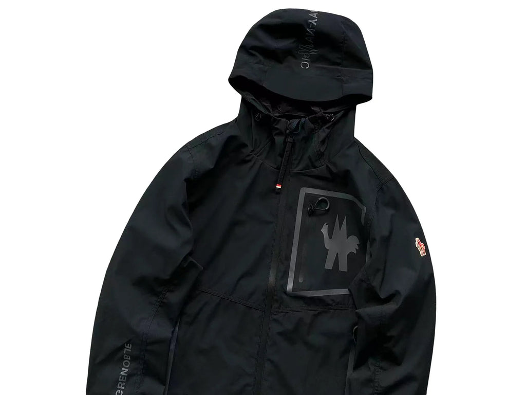 Moncler Grenoble Black Hooded Zip-Up Jacket with Graphic Chest Detail