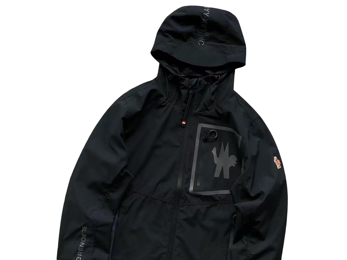 Moncler Grenoble Black Hooded Zip-Up Jacket with Graphic Chest Detail