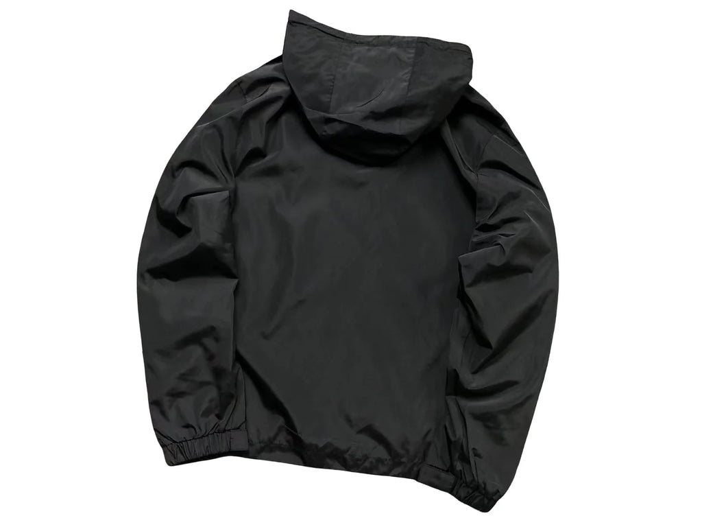 Moncler Black Hooded Zip-Up Jacket with Geometric Sleeve Trim