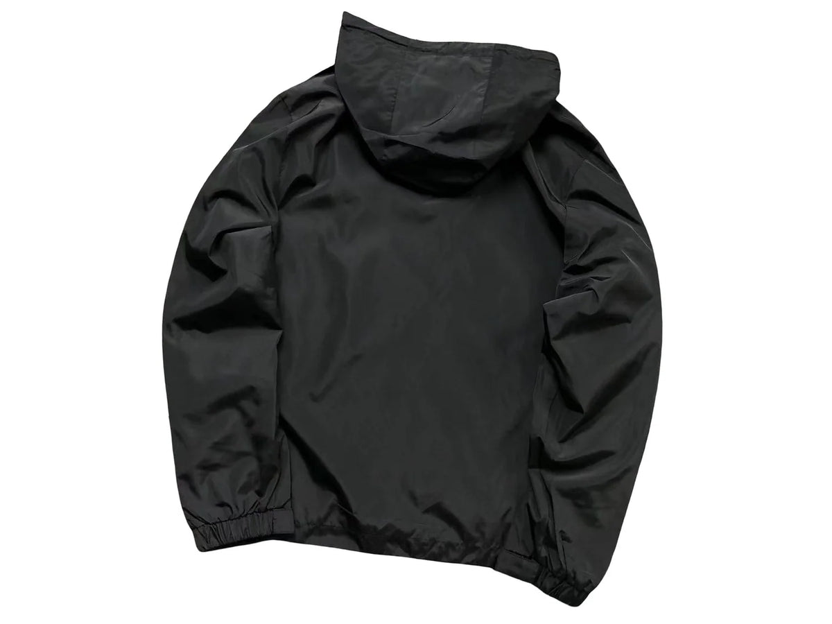 Moncler Black Hooded Zip-Up Jacket with Geometric Sleeve Trim