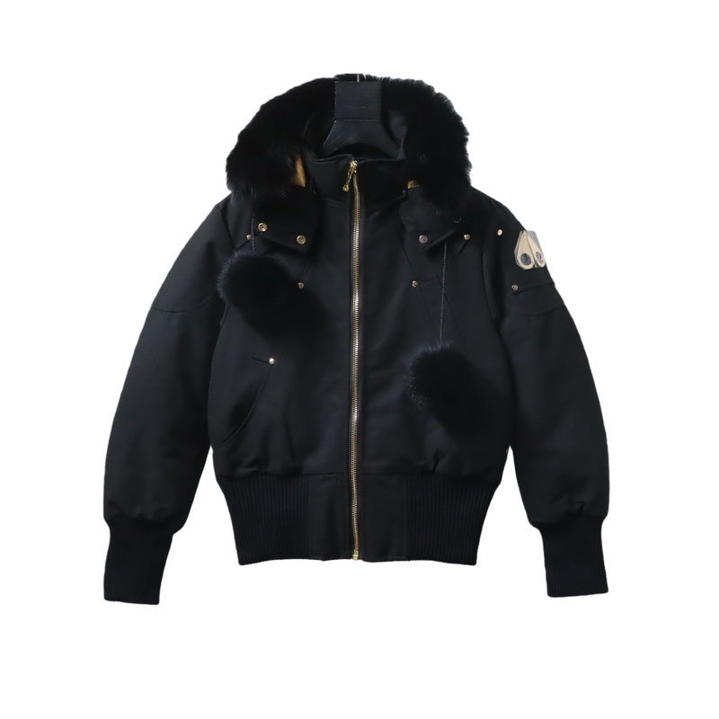 Moose Knuckles Black Pom-Pom Trimmed-Hood Bomber Jacket