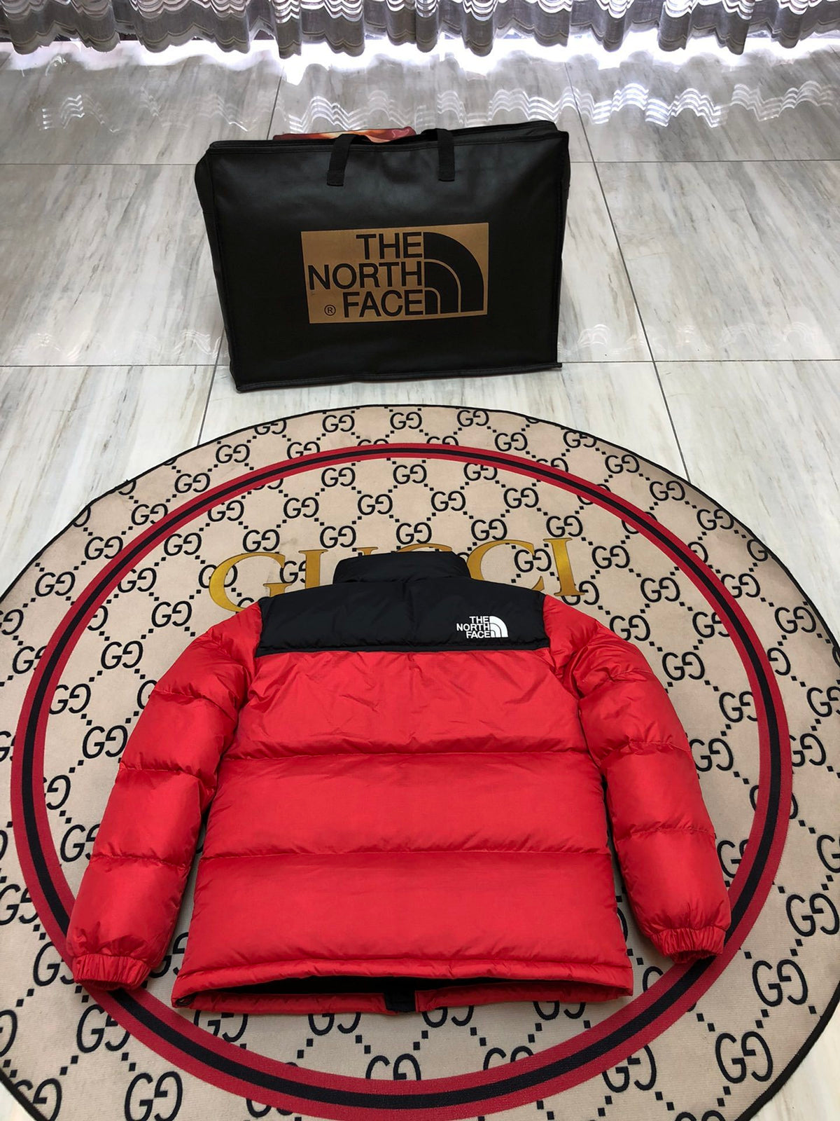 The North Face Red and Black Colorblock Puffer Jacket