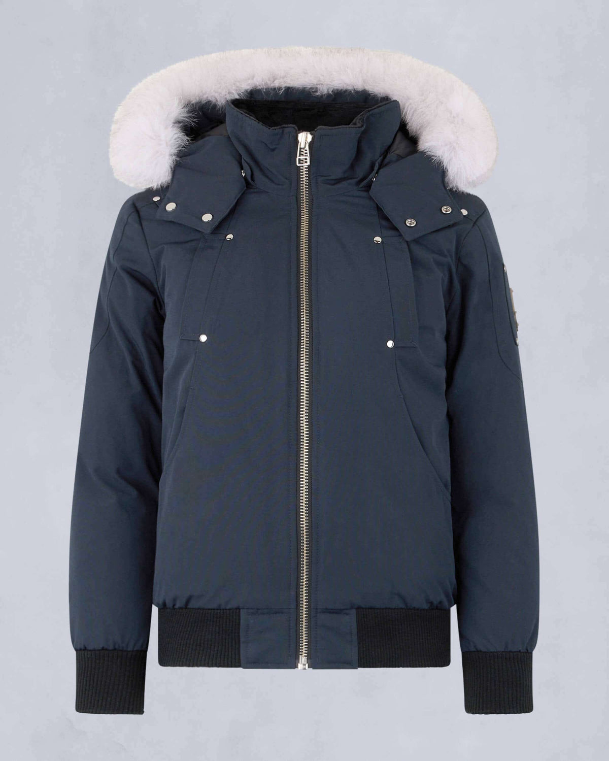 Moose Knuckles Navy Blue White-Trimmed Hooded Bomber Jacket