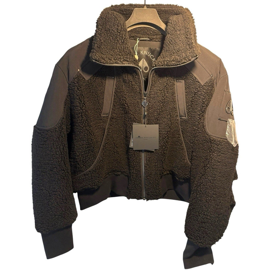 Moose Knuckles Dark Brown Cropped Teddy-Texture Bomber Jacket