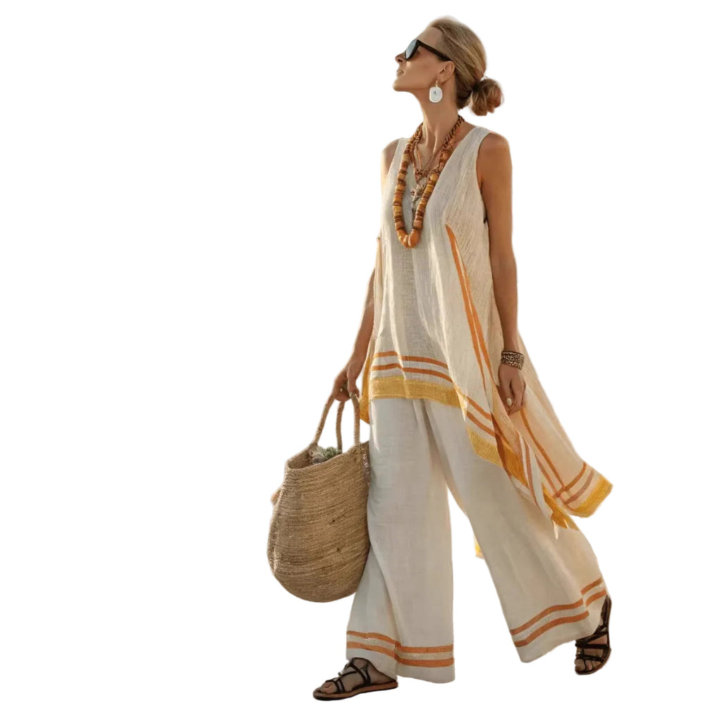 Women's Boho Striped-Trim Sleeveless Beach Two-Piece Set